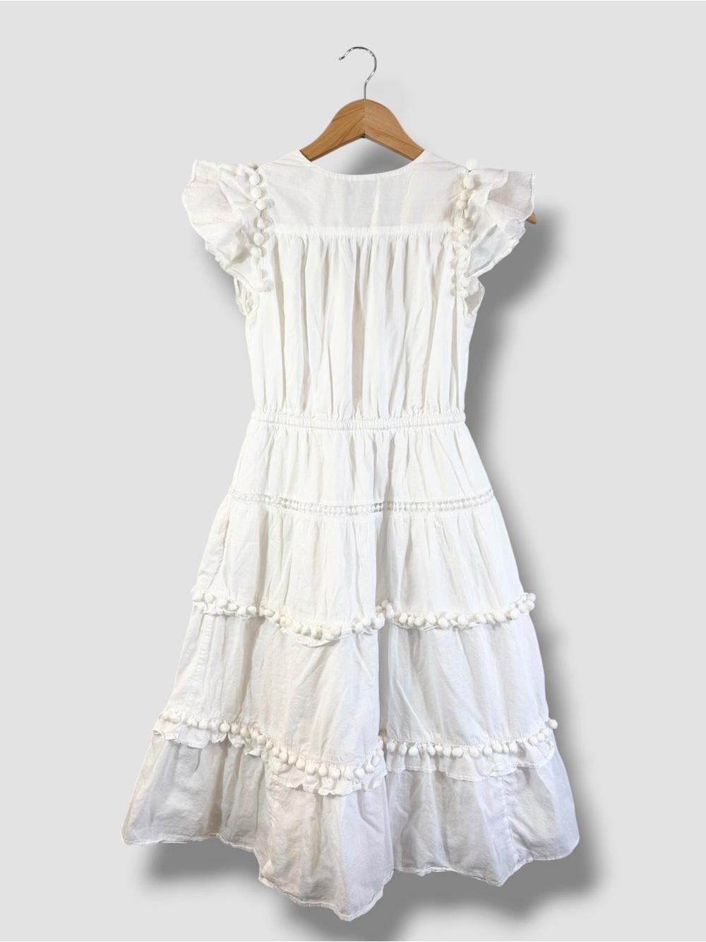 J. Crew Point Sur Pom Pom Midi Dress 0P White Flutter Sleeve Minimalist Cottage - Picture 9 of 11